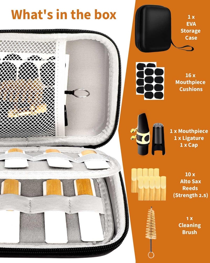 LMS Alto Saxophone Mouthpiece Kit with EVA Storage Case - Alto Sax Mouthpiece Accessories Kit for Beginners - Ligature 2.5 Reeds Cushions Cap Brush - Image 2